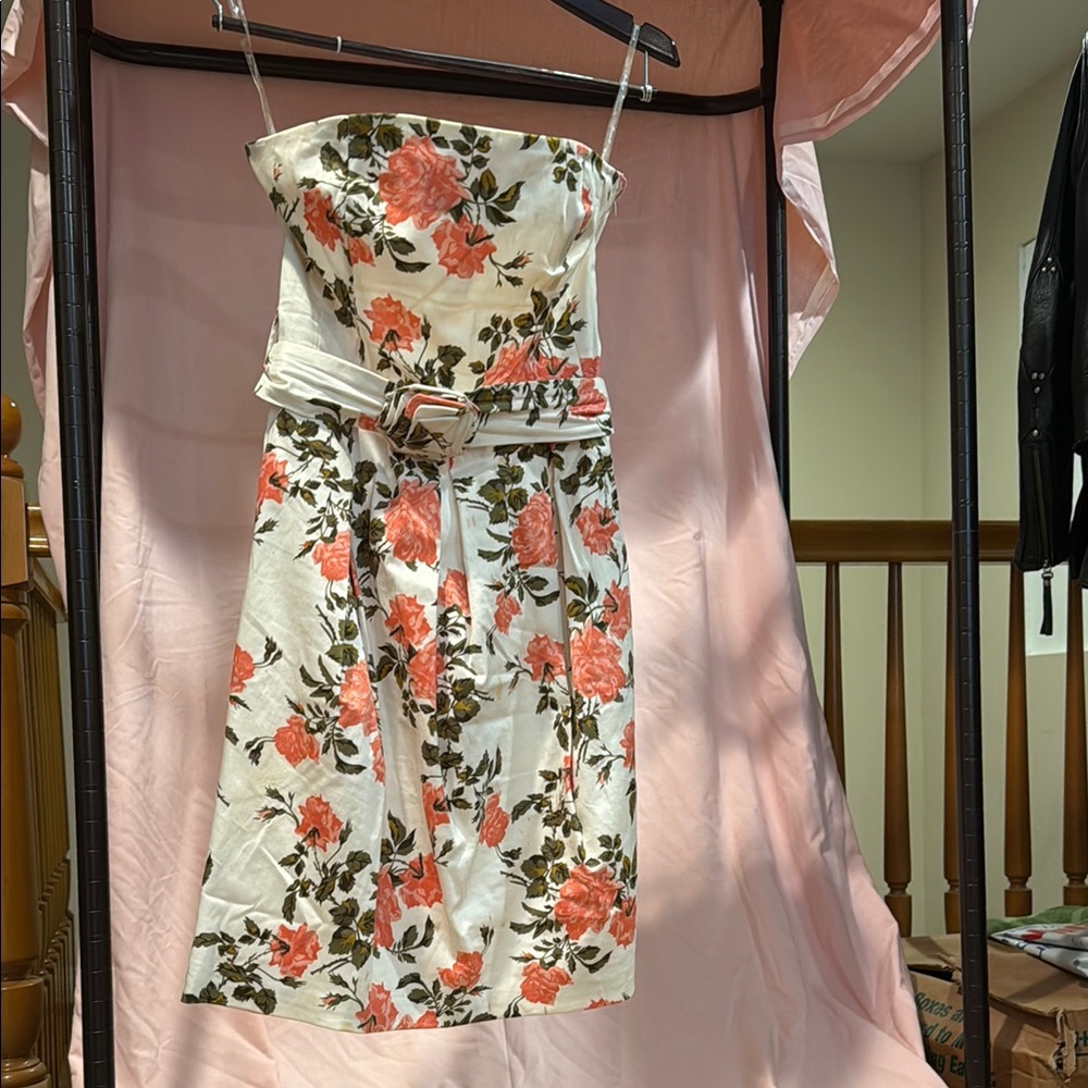 Floral Strapless Dress - White with Pink and Green